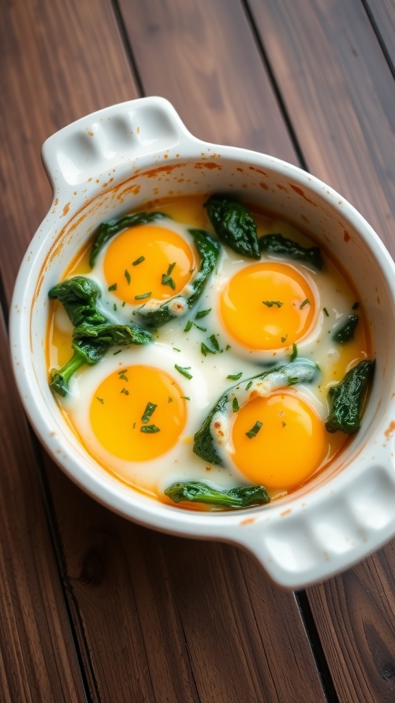 Baked Eggs with Spinach and Cheese Recipe Baked eggs with spinach and cheese in a baking dish, garnished with herbs on a wooden table.